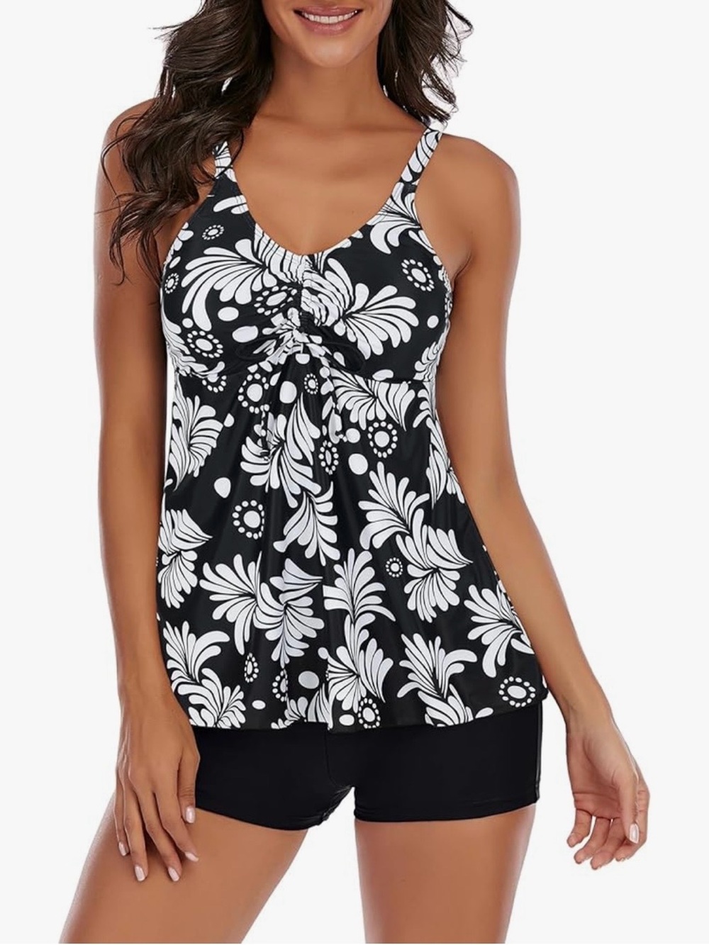 Black & White Floral Tankini Top with Swim Shorts